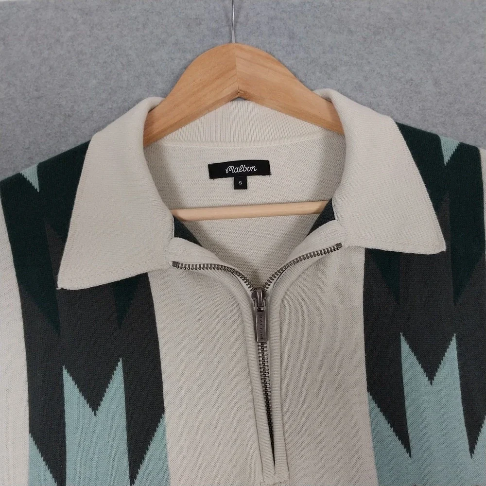 Malbon Sweater Mens Small Cream Quarter Zip Sundance Intarsia Knit Aztec Polo